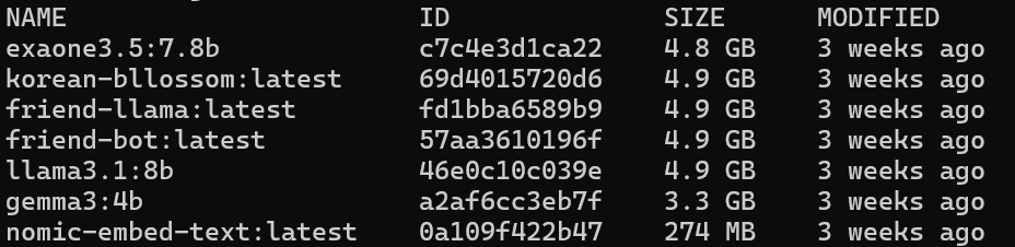 Ollama 터미널에서 LLM 모델 실행 화면